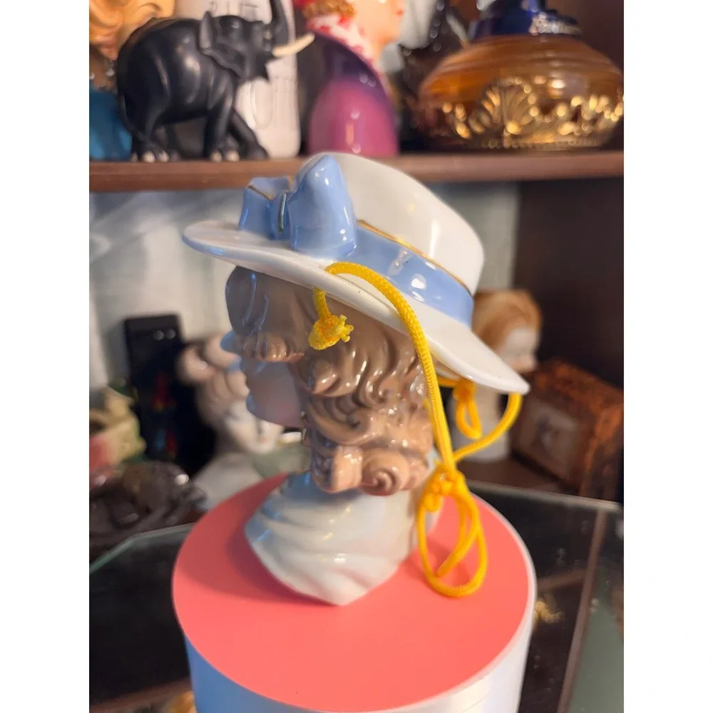 Vintage Ceramic Lady Head Vase Blue Hat Gold Trim Mid Century Style Figurine